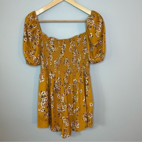 Flynn Skye Justine Square Neckline Mustard Springs Floral Crepe Romper Size M - Picture 3 of 16